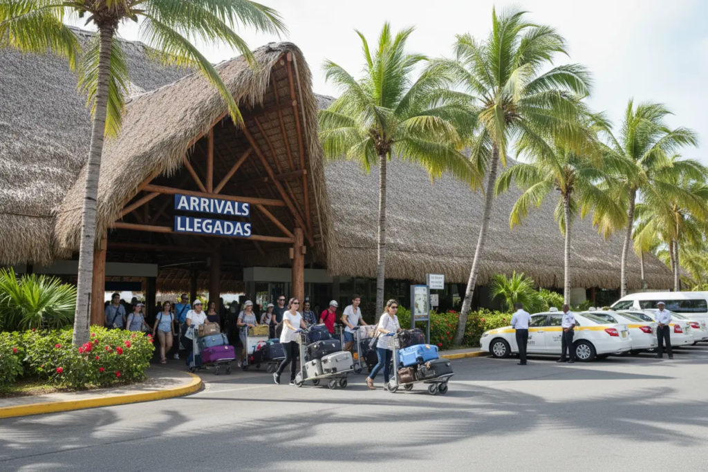Punta Cana International Airport (PUJ) – The Complete 2026 Guide for Travelers & Investors 2 Arrivals area at Punta Cana International Airport with thatched roof terminal and passengers with luggage