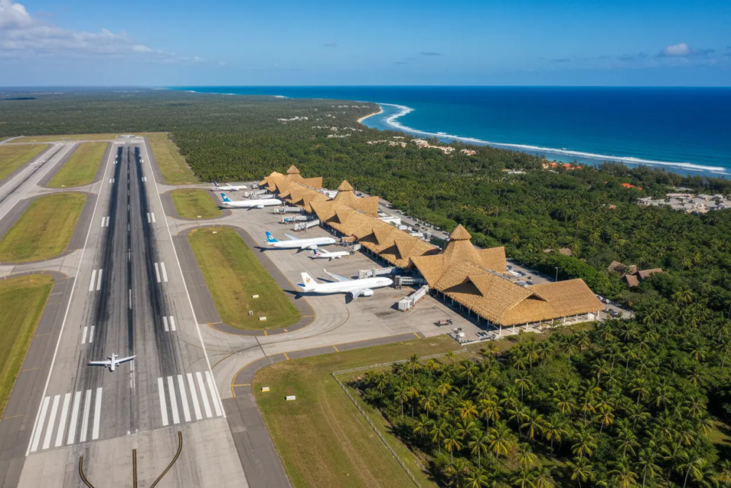 Punta Cana International Airport (PUJ) – The Complete 2026 Guide for Travelers & Investors 1 Aerial view of Punta Cana International Airport PUJ with terminals, runways and tropical landscape
