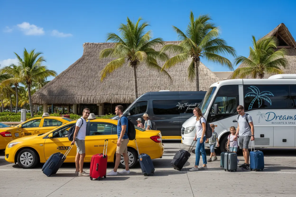 Punta Cana International Airport (PUJ) – The Complete 2026 Guide for Travelers & Investors 3 Official taxi line, private transfer vans and hotel shuttle in front of Punta Cana Airport terminal